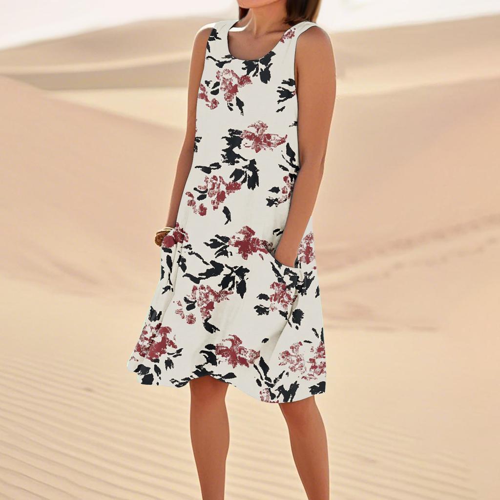 Women's Casual Summer Floral Print Sleeveless Pocket Dress