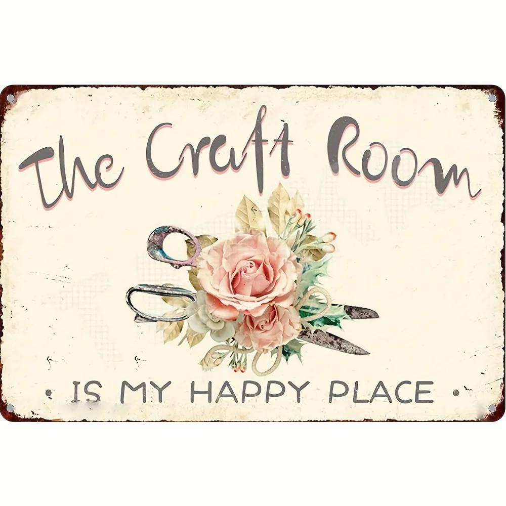 

1pc The Craft Room Is My Happy Place Classic Art Deco Metal Aluminum Sign - Distressed Finish, Wall Hanging, Multipurpose Decor чёрный