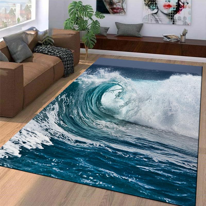 Ocean Wave Printed Carpet for Bedroom Decor, Blue Sea Pattern Rug Suitable for use as an anti-slip for living room bedroom sofas