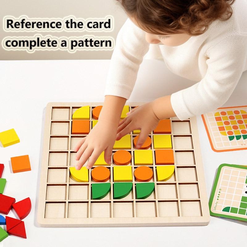 Wooden Mosaic Puzzles Geometric Shapes Building Blocks Pattern with Design Cards Kindergarten Classic Educational Shape Puzzle