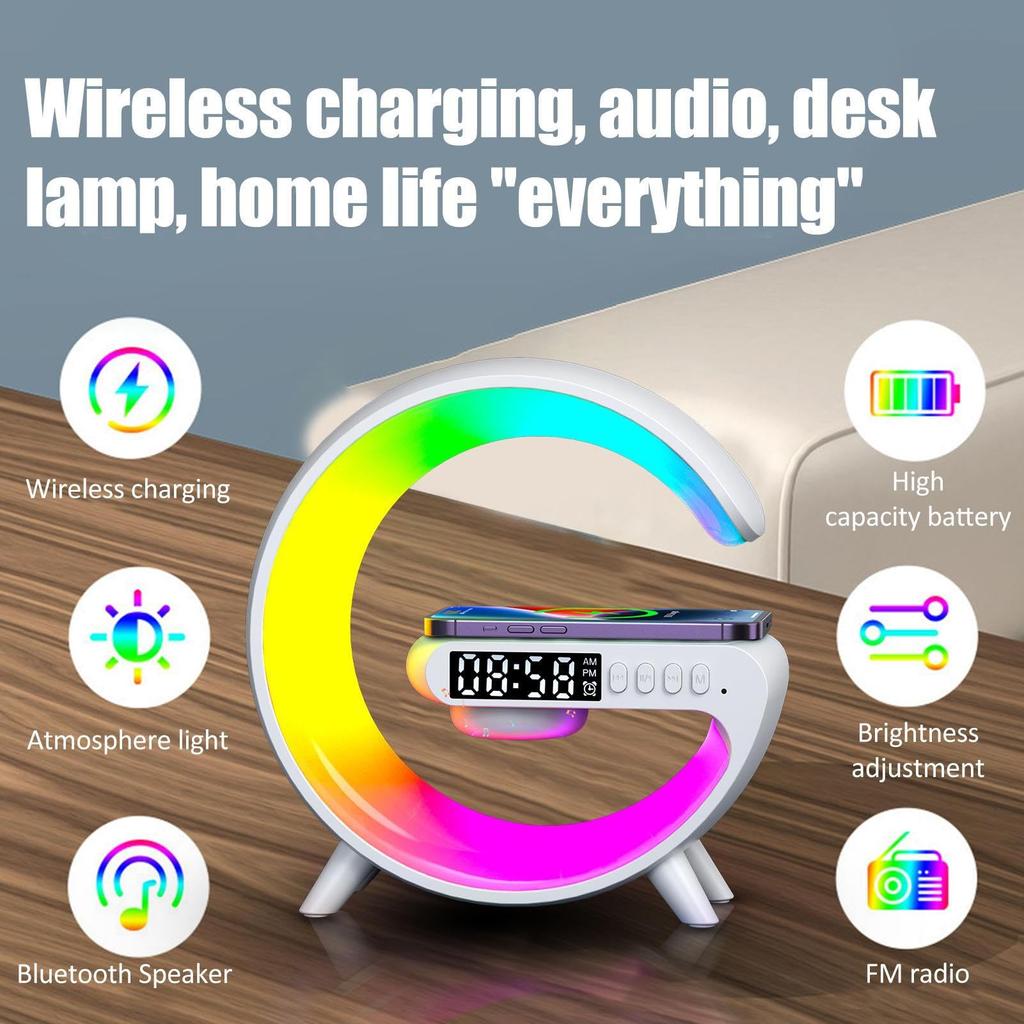Modern 3-in-1 Wireless Charging Dock with Bluetooth Speaker, Alarm Clock, and LED Moon Lamp