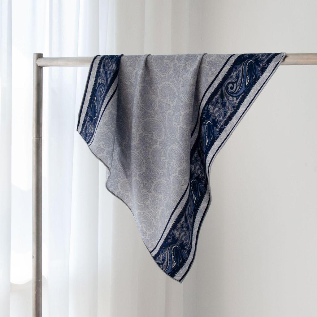 High-End Chinese Blue Silk & Wool Scarf with Celadon Print - Hand-Rolled, Square Neck Tie & Shawl