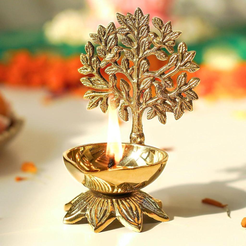 Lanterna Kalpavriksha in Ottone Puro per Puja | Deepak Religioso per Mandir, Tempio, Ufficio e Decorazione Domestica