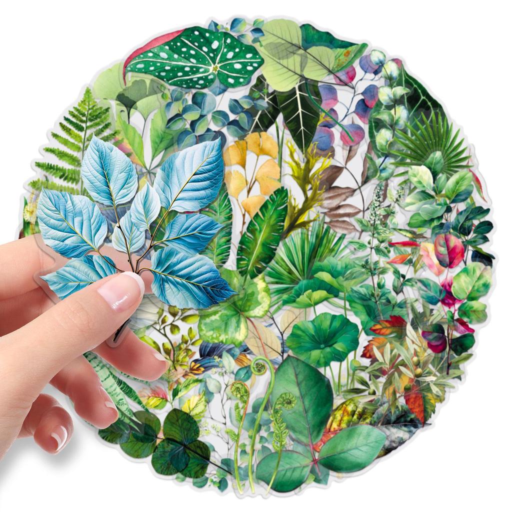 50PCS Transparent Leaf Stickers: Cartoon Green Plant PET Waterproof Decor for Journals, Phones, and Computers
