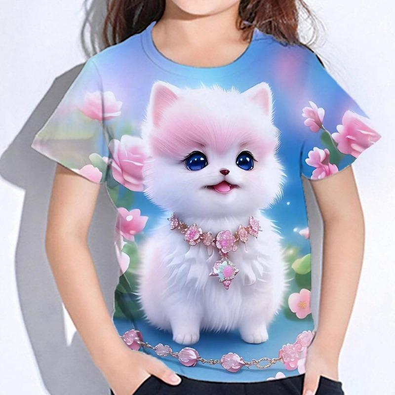 Kawaii Cartoon Animal Cat Kids Adult Printed T-shirt Summer Women's and Men's Casual Outdoor Girl and Boy Short Sleeve Tees Top