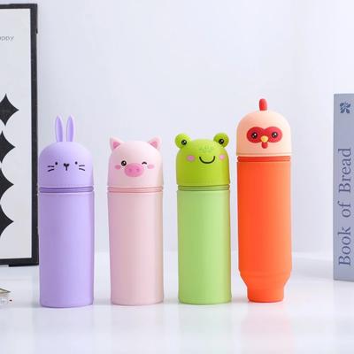Cartoon Foldable Pen Case Dirt Resistant Silicone Pen Container Cute Animal Piggy Frog Rabbit Pencil Holder for Students