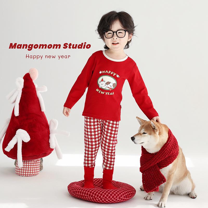 Children's New Year Warm Cotton Outfit: Birth Year Red Autumn Set for Boys and Girls
