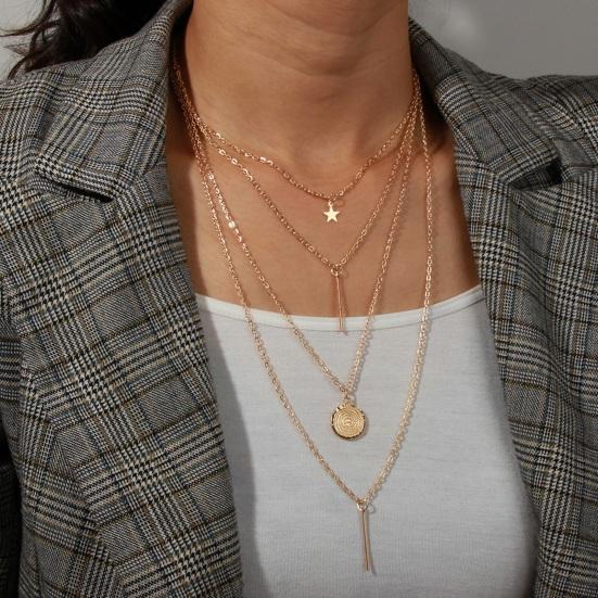 Women Necklace Three-layer Hip Hop Style Adjustable with Extended Length Hollow Chain Round Pendant Lady Clavicle Necklace Neck Jewelry