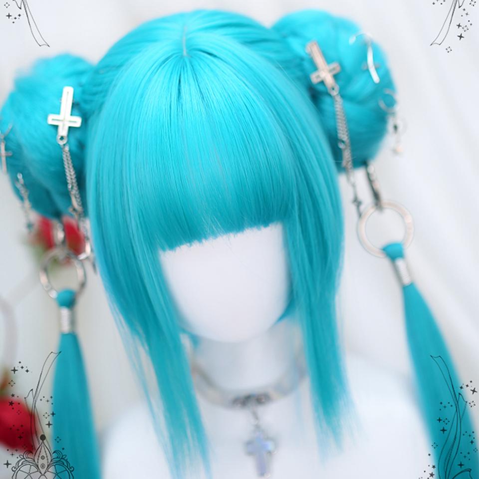DIY Anime Synthetic Short Straight Green Wig Double Hair Loop Double Braid Ponytail Natural Short Straight Head Cover Wig For Women