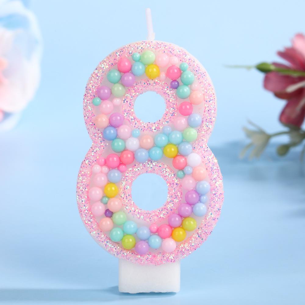 Colorful Ocean Bead Birthday Number Candle - Pink Edge Cake Decoration