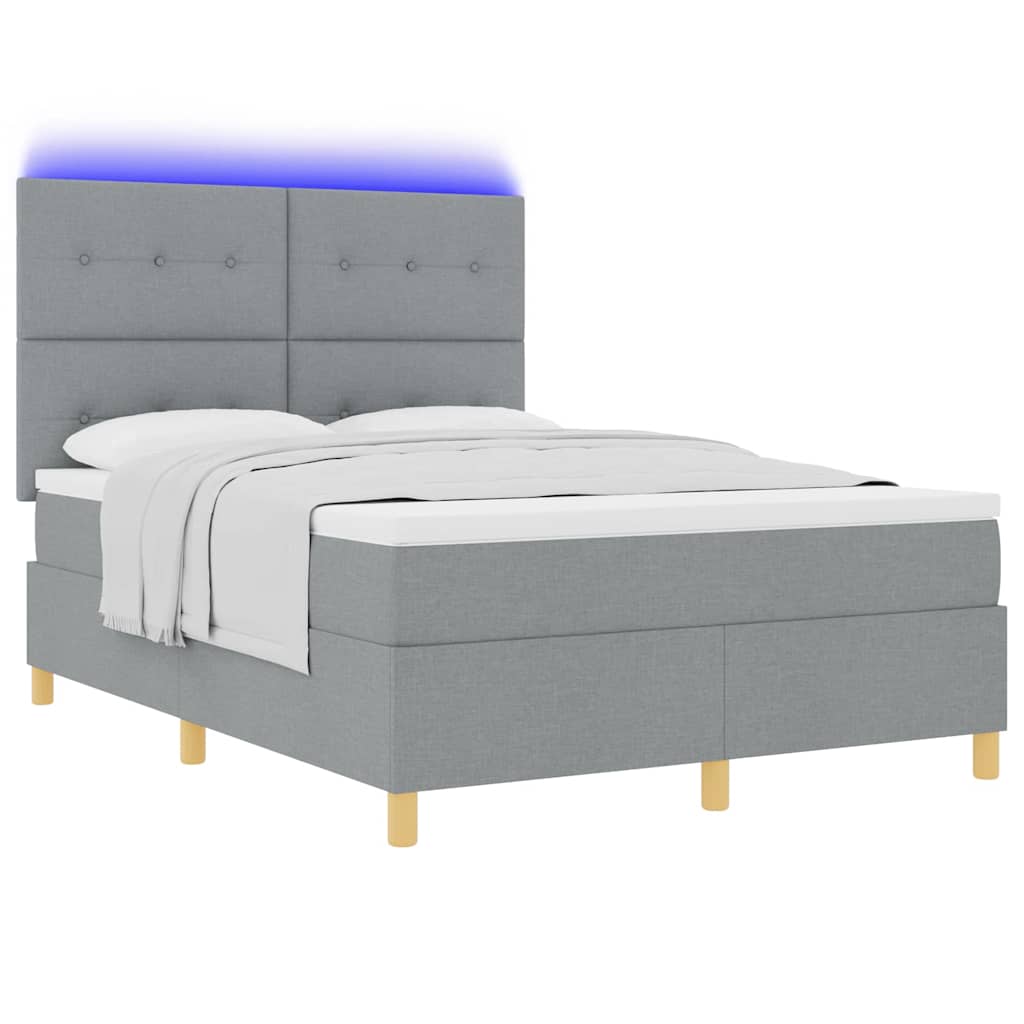 LED Box Spring Bed with Mattress Light Grey 140 x 200 cm Fabric