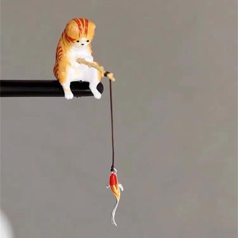 Wooden Hairpin With Fishing Cats  Chinese Style  Hair Sticks Hair Accessory For Women Daily Styling