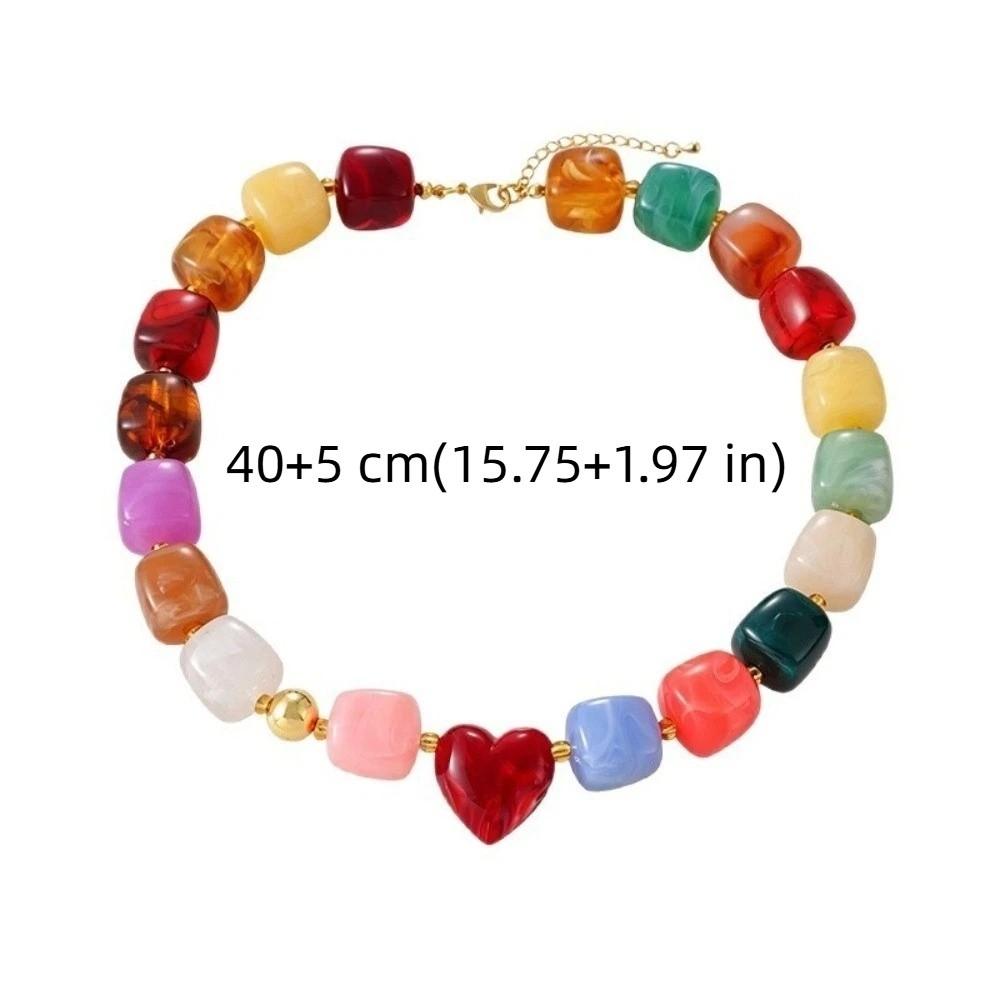 Colorful Heart Pendant Choker Square Candy Neck Chain Fashion Resin Beaded Necklace Date