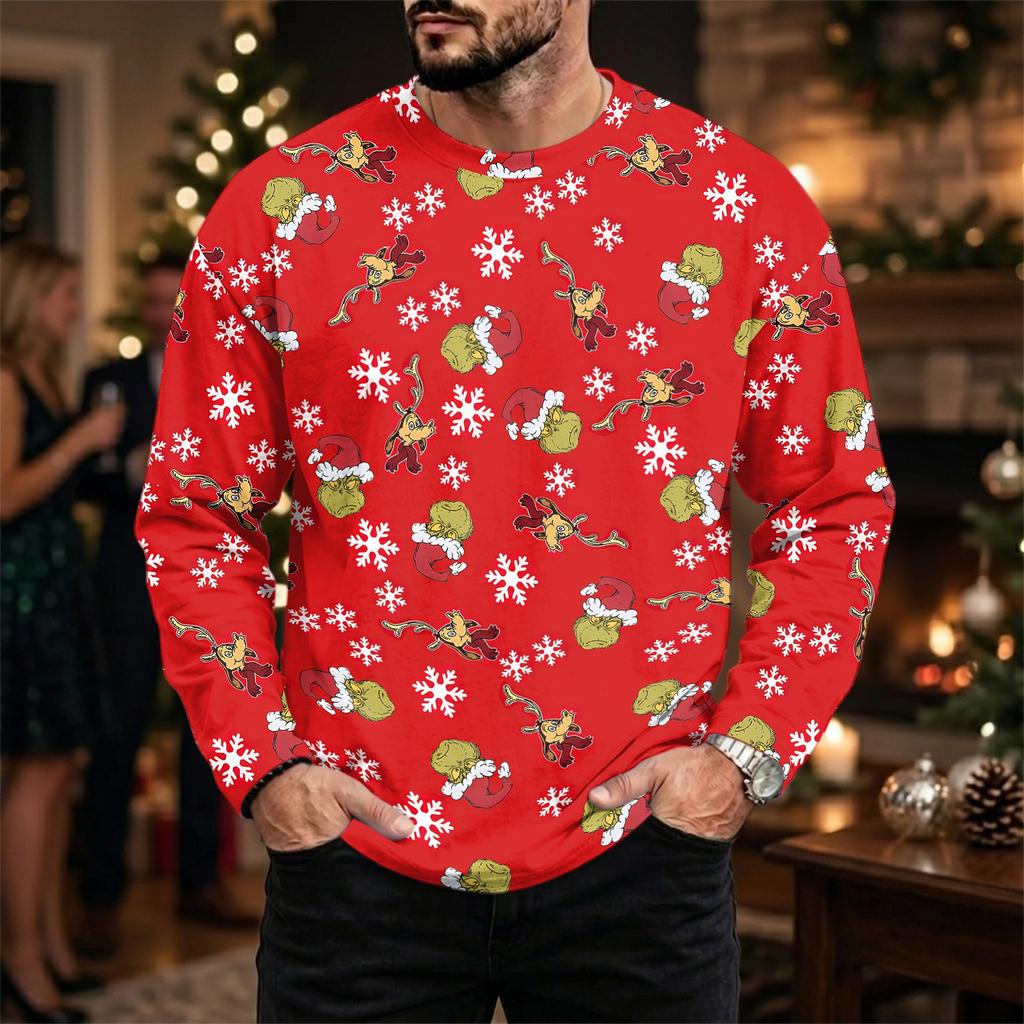 Men's Casual Loose Fit Long Sleeve Neck Tee with Christmas Print for Fall Winter