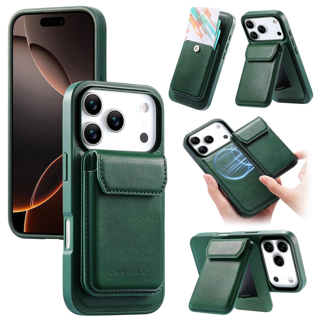 CASENEO For iPhone 17 Pro Max Magnetic Case PU Leather PC Phone Cover with Detachable Card Holder Kickstand Compatible with MagSafe
