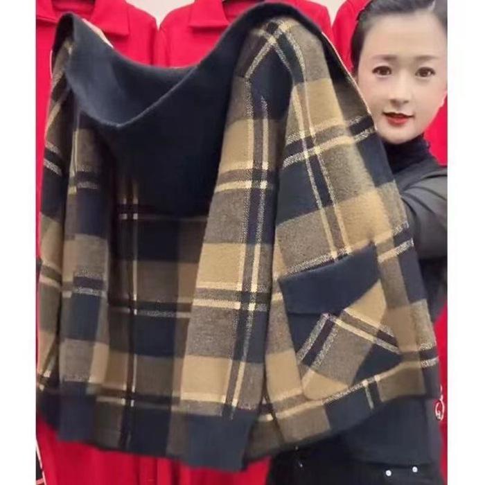

Mom s Cozy Plaid Woolen Hooded Coat for Autumn/Winter 4XL (140-150 lbs)