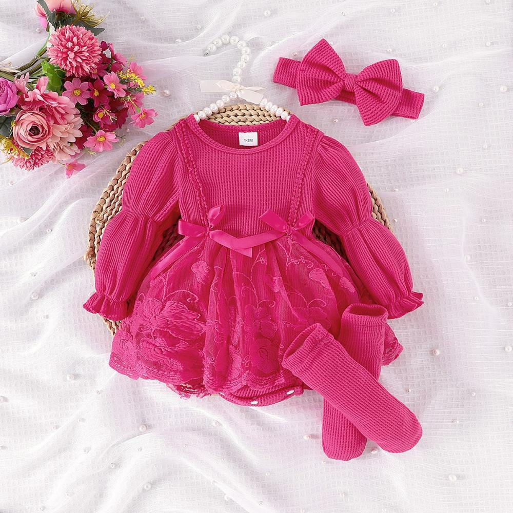 Baby- und Kleinkindkleidung Koreanischer Stil Herbst Waffel Laternenärmel Netz-Strampler mit offenem Schritt + Fußsocken + Kopfbedeckung