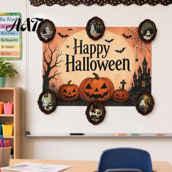 Waterproof Wear Resistant Fridge Decals Halloween Ghost Refrigerator Magnet, Retro Gothic Magnets, Oval Picture Spooky Pumpkin Ornaments Frame