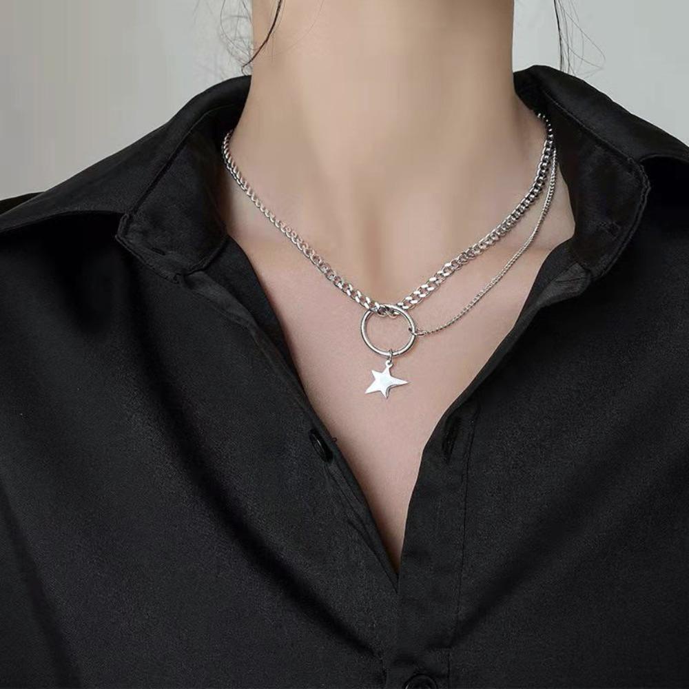 

Y2k Pentagram Star Multilayer Necklace Silver Sweet Daily