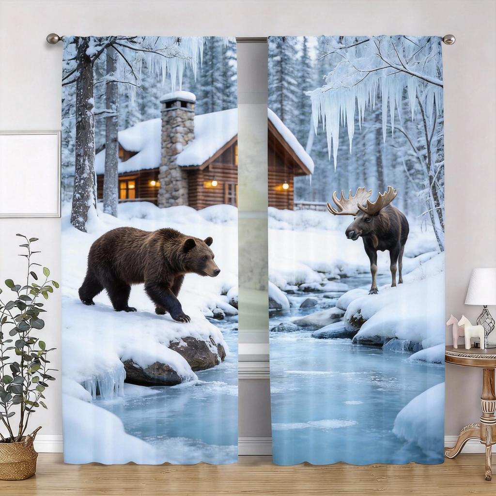 Wildlife Forest Curtains 2pcs – Black Bear & Moose in Autumn Woods, Rustic Cabin Scene for Bedroom and Living Room Decor