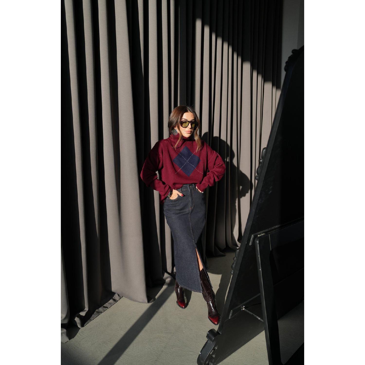 

Claret Red Square Patterned Turtleneck Sweater Standart бордовый