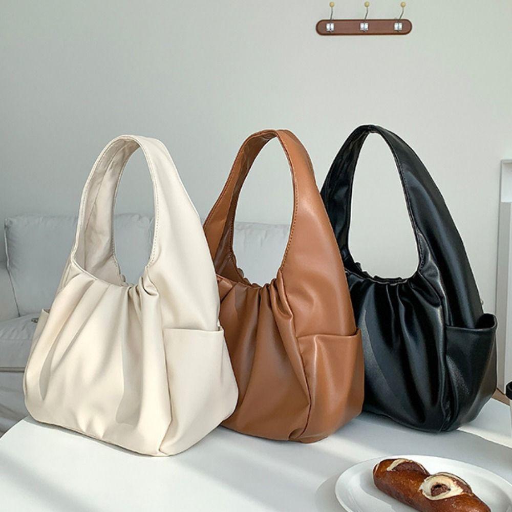 Korean Style Pleated Handbag Underarm Bag PU Leather Underarm Bag Croissant Cloud Bag  Shopping