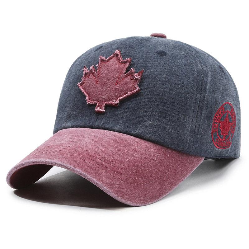 Pure Cotton Color Block Baseball Cap Washed Cotton Hat Maple Leaf Patch Sun Hat