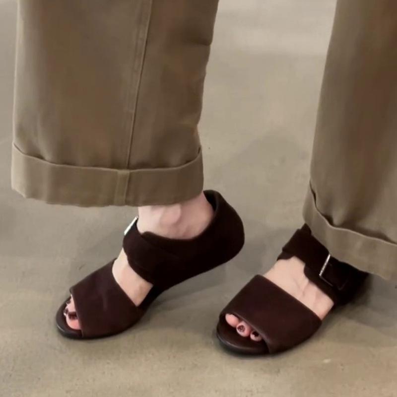 Version peau de mouton~ Sandales d'été pour femmes à bout ouvert rétro français à un bouton, sens du design polyvalent, vacances, sandales romaines