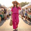 Women's Fashion Round Neck Short Sleeved Top With Elastic Waist, Casual Loose Wide Leg Pants Two-piece Set