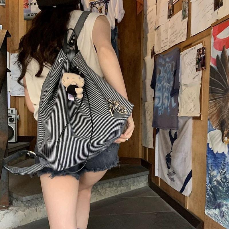 Korean Striped Canvas Backpack: Women's Casual, Versatile, Large Capacity, Trendy for Summer 2025
