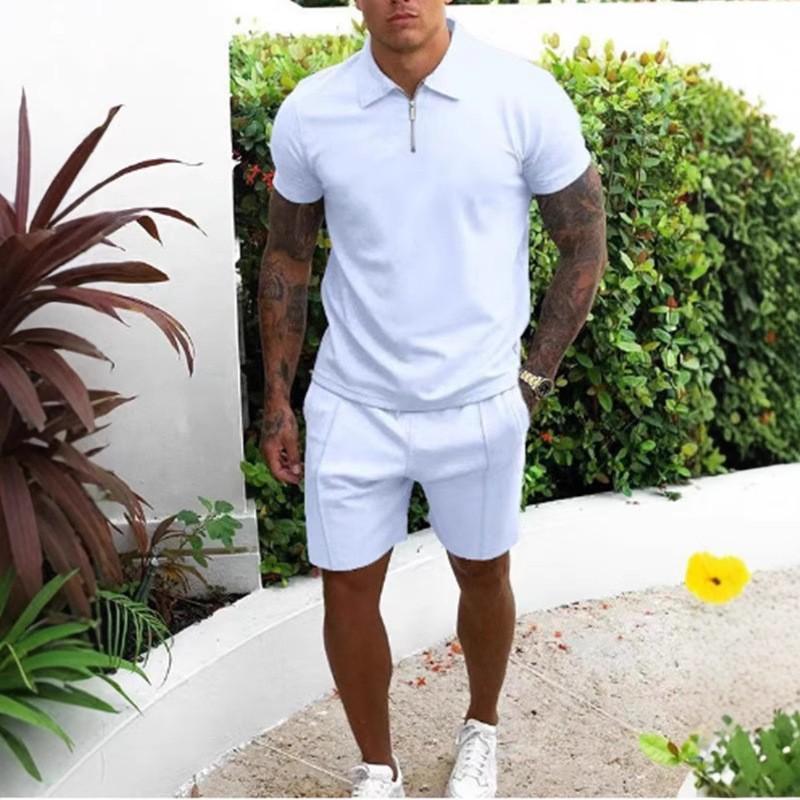 Mens Short Sleeve Tracksuit Casual 2 Piece Set Polo Collar Zip Up Outfit