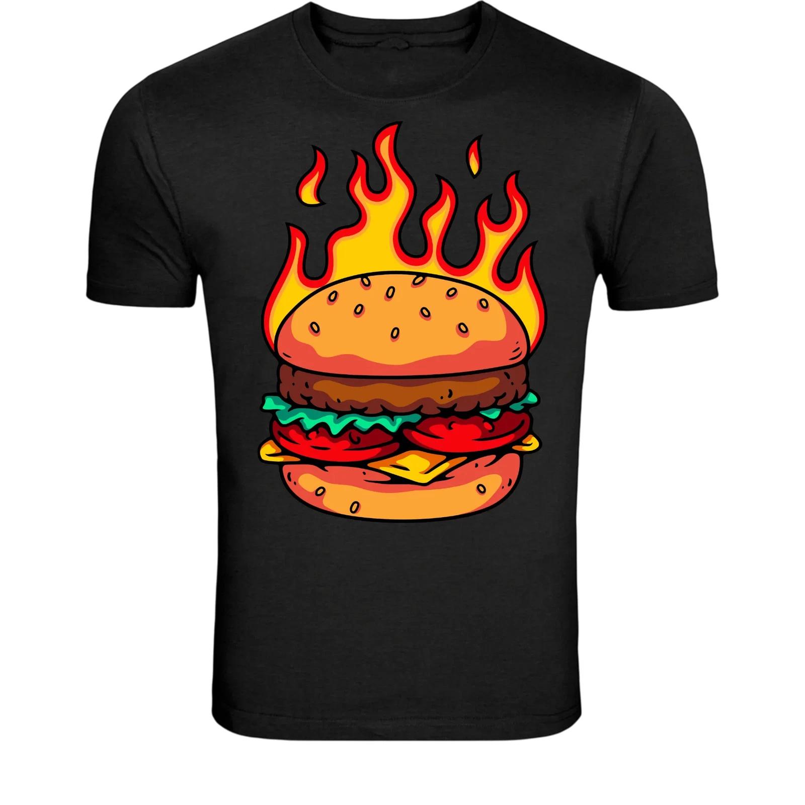 Flaming Burger Food Lover T-Shirt - Funny Fast Food Graphic Tee M