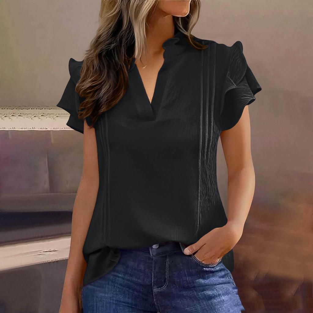 Damska casualowa bluzka z dekoltem V i dwuwarstwowymi falbankowymi rękawami