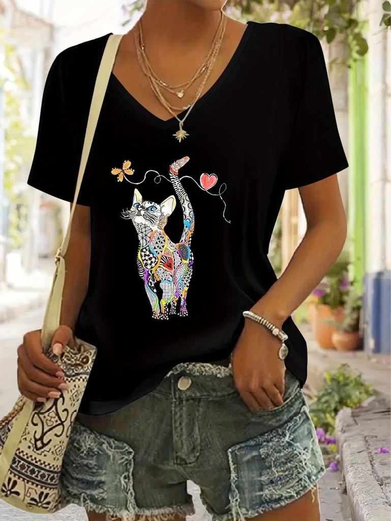2026 New Summer Women's Fashion T-Shirt Short Sleeve 3D Cat Print Top Tees V-Neck Casual Woman Graphics Clothes Women's Clothing
