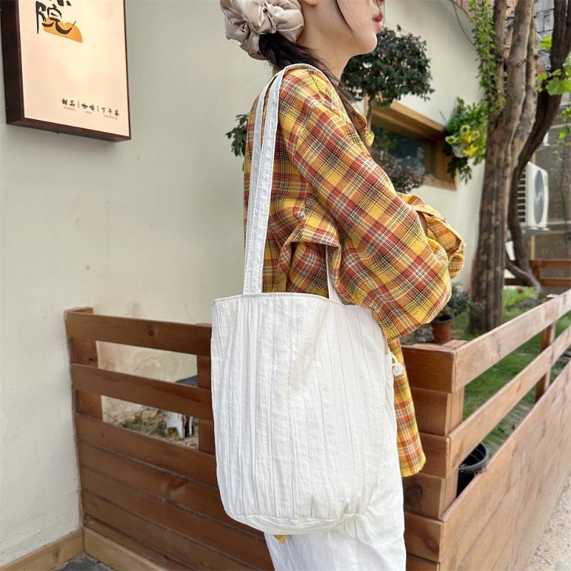 4 Bags Women's Shoulder Striped Pleats Solid Color Bucket Bag Niche Simple Portable Portable Shopping Bag Women