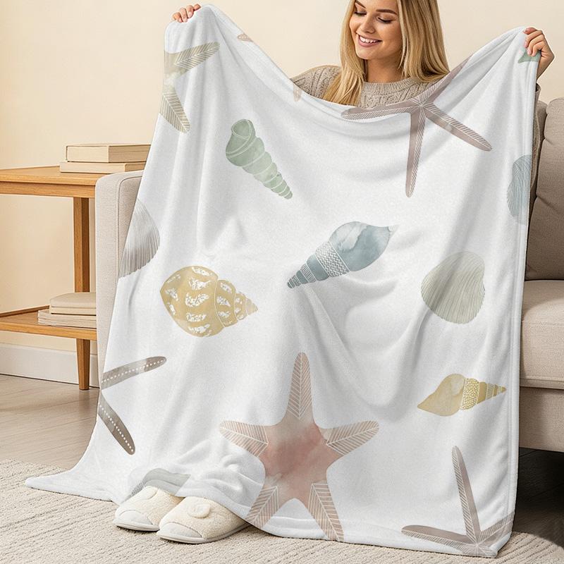 Soft Cozy Flannel Throw Blanket - Pill-Resistant Marine Seashell Starfish Design, Warm Home Decor Blanket, All Seasons, Halloween & Christmas