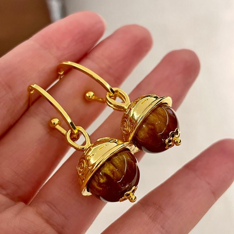 Retro Tiger Eye Tassel Earrings: Ethnic Style Hazelnut Bead Hoops