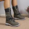 Women Winter Boots Buckle Lace Lady Mid-calf Boots Low Heel Round Toe Quality Warm Shoes Botas De Mujer
