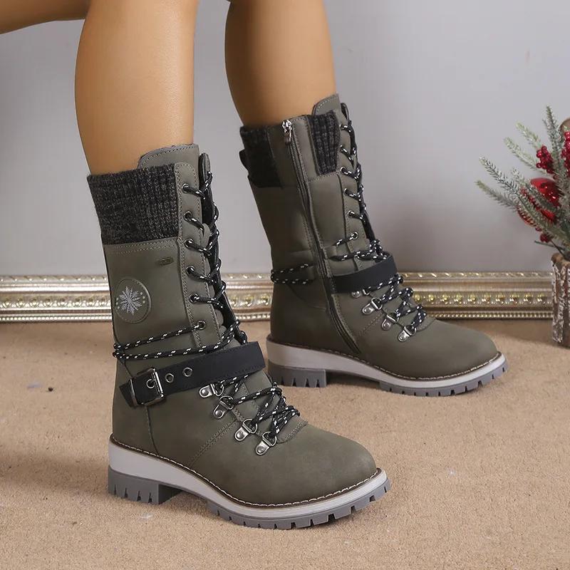 Women Winter Boots Buckle Lace Lady Mid-calf Boots Low Heel Round Toe Quality Warm Shoes Botas De Mujer