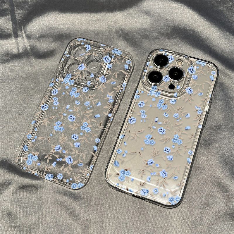 Small Blue Floral Is Suitable for iPhone17promax Apple 16 Mobile Phone Case 14/13 Fine Hole 15 Transparent All-inclusive.