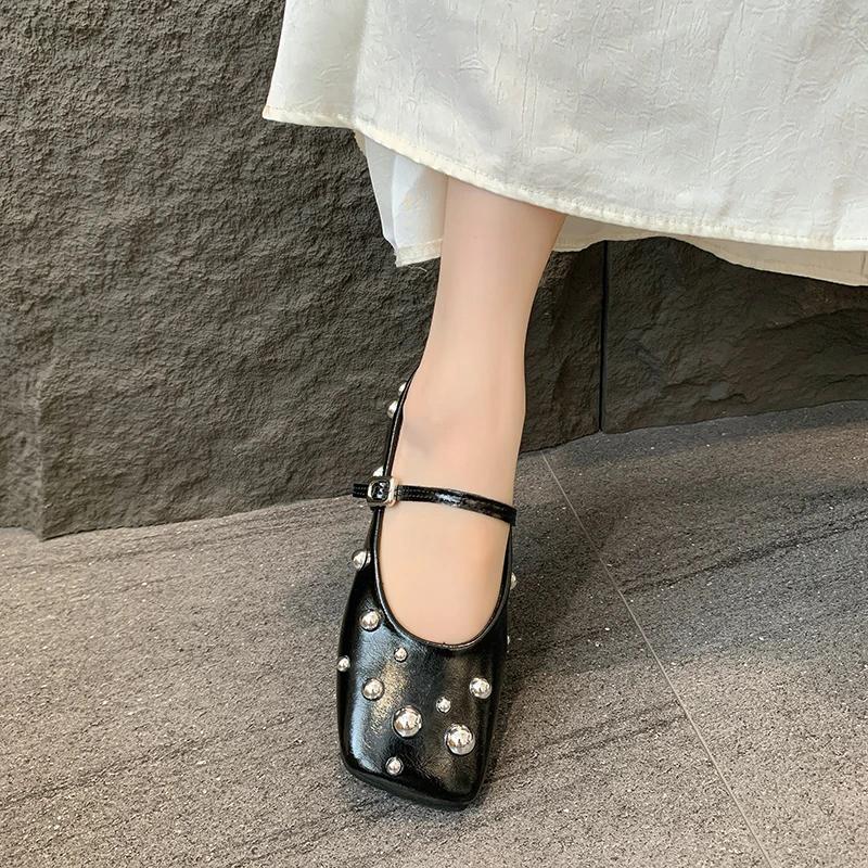 Módní dámské podzimní nové mělké slip-on baleríny s hranatou špičkou a cvočky, měkkou podrážkou, protiskluzové, nízké, jednodílné boty