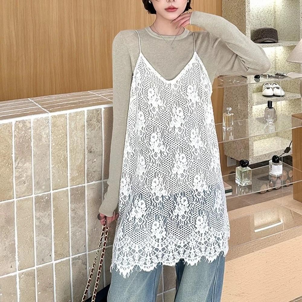 Sheer Beach Wear Lace Camisole Skirt V-neck Sweet Lace Underskirt Slips Transparent Sling Skirt Petticoat Ladies/Girls