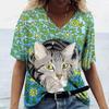 Sommer Damen V-Ausschnitt T-Shirt Niedliche Katze Orangescheiben Aufdruck Lässig Locker Kurzarm Top