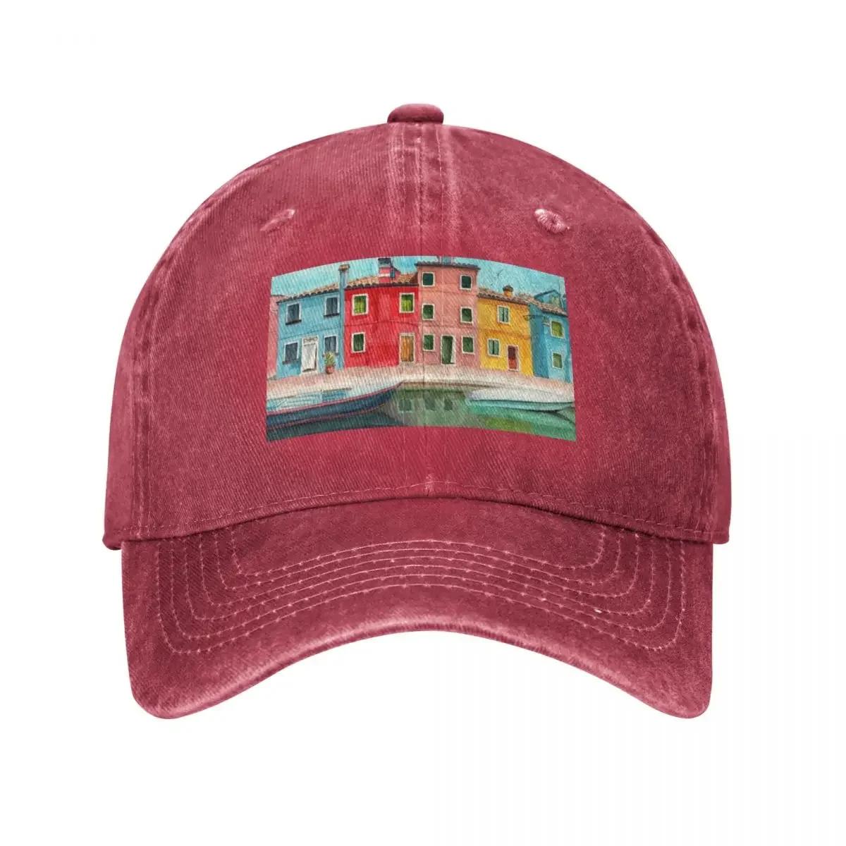 

Watercolor Burano quarter in Venice Baseball Cap summer hat Fishing cap Vintage Women s Hats Men s