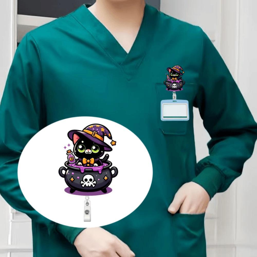 1PC Alluring Cat Wizard Extendable ID Card Holder with Heart Anatomical Clip - Perfect for Nurses, Doctors, and Office Workers