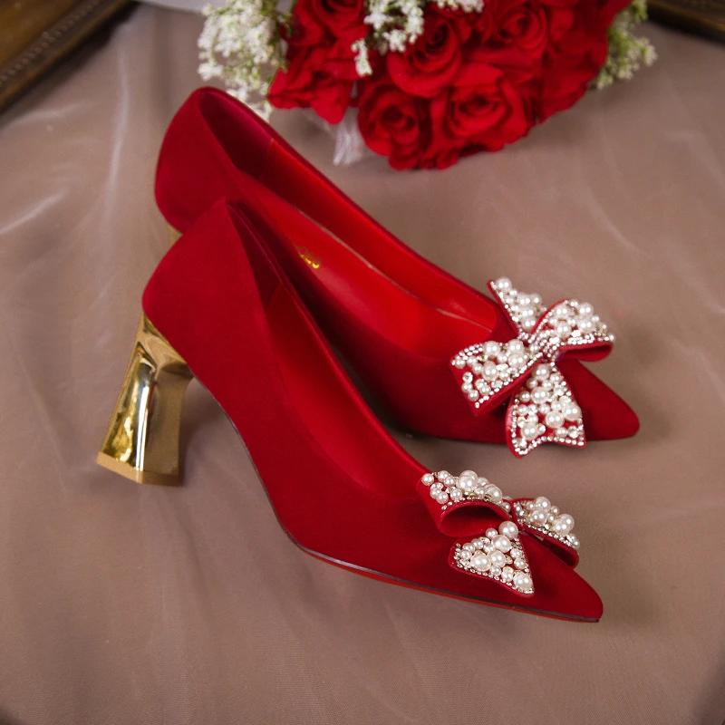 Fashion Rimocy Elegant Ladies Red Silk Wedding Bride Shoes Pearl Bowknot Pointed Toe Pumps Women Sexy Party Dress High Heels Shoes Woman