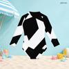 Girls High Neck Long Sleeve Front Zip One Piece Swimsuit Black White Geometric Printed