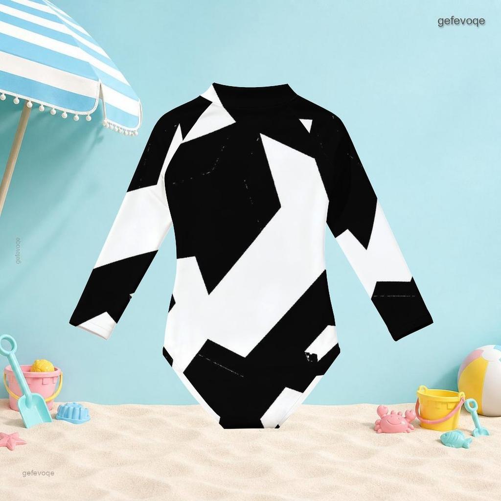 Girls High Neck Long Sleeve Front Zip One Piece Swimsuit Black White Geometric Printed