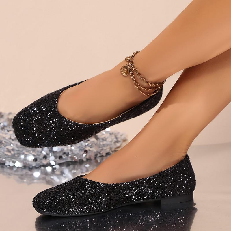 Damen Frühling und Sommer Neue Damenschuhe Pailletten Schimmernd Flacher Ausschnitt Damen Single Shoes Eckige Zehenpartie Flacher Boden Blockabsatz Lässige Single Shoes