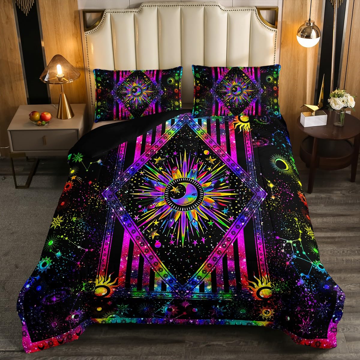 

Erosebridal Sun and Moon Bedding Set, Colorful Tie Dye Comforter Set Mystic Stars Duvet Insert Psychedelic Celestial Astrology Quilted Comfo 155x200cm